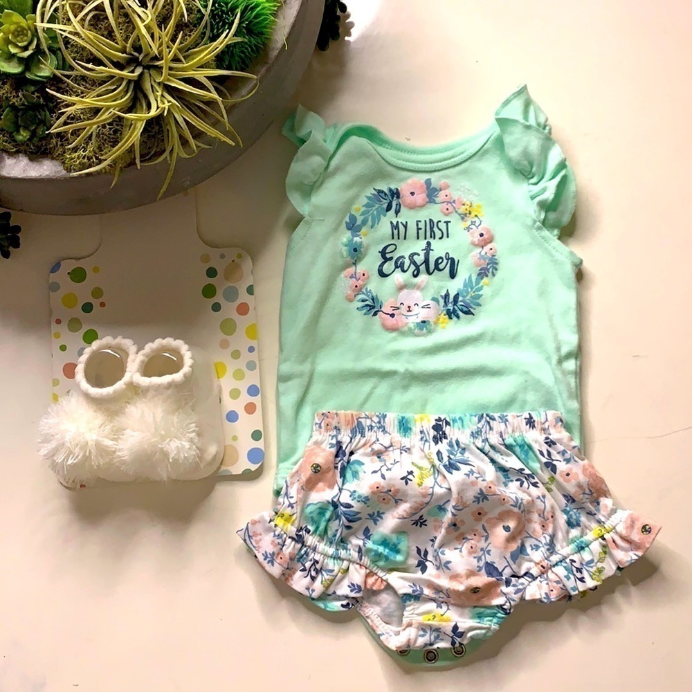 Easter 6 months Infant girl three piece set Ruffle bodysuit shoes slippers